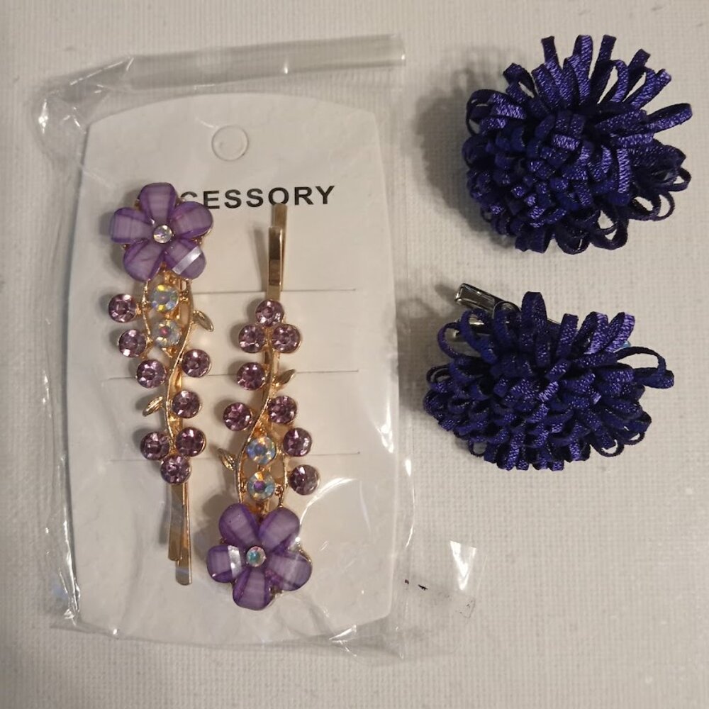 VTG  2 Pairs Deep Purple Clip/Lilac Hair Barrettes Amethyst Goldtone Iridescent